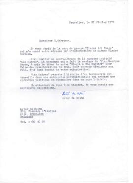 Solicitud de autorización de Artur da Costa a Eduardo Carrasco para utilizar canción en un film