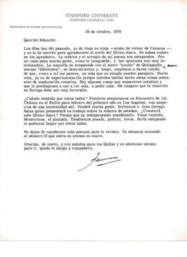 Agradecimiento de Fernando  Alegría por envío de disco y musicalización de poema