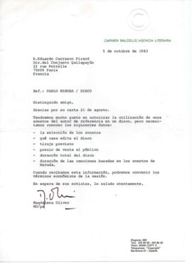 Información de Magdalena Oliver a Eduardo Carrasco sobre utilización de sonetos de Pablo Neruda